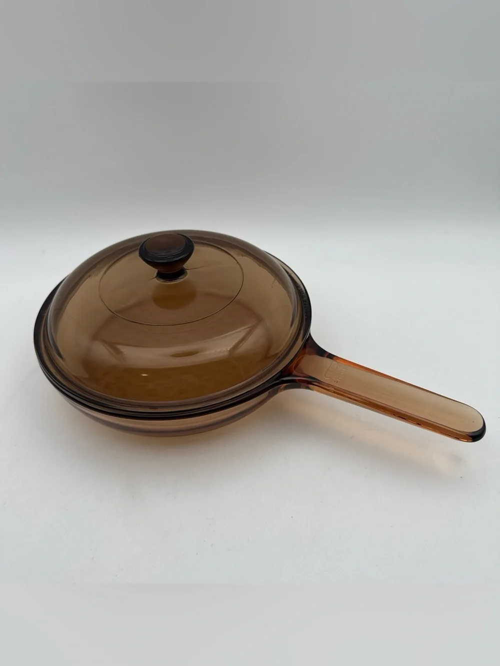 Vintage Corning Vision Amber Glass 7” Skillet w Pyrex Lid Waffle Bottom France